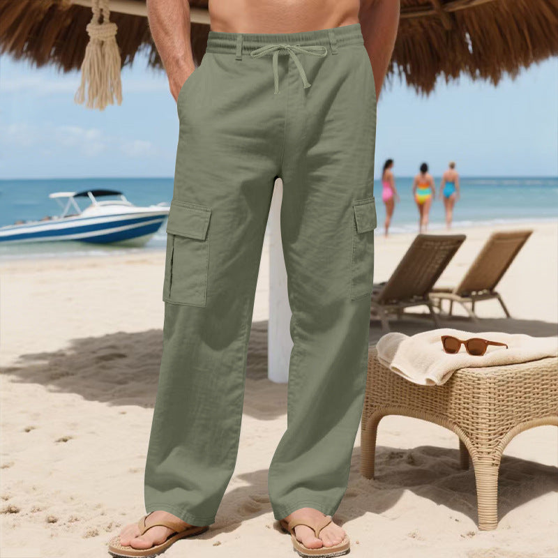 Men's Workwear Linen Drawstring Pants With Multiple Pockets And Straight Leg