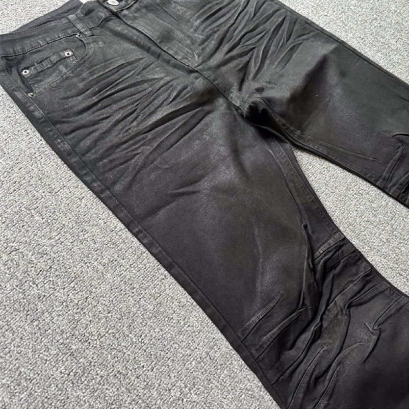 Retro Dark Brush Wax Coating Washed Jeans