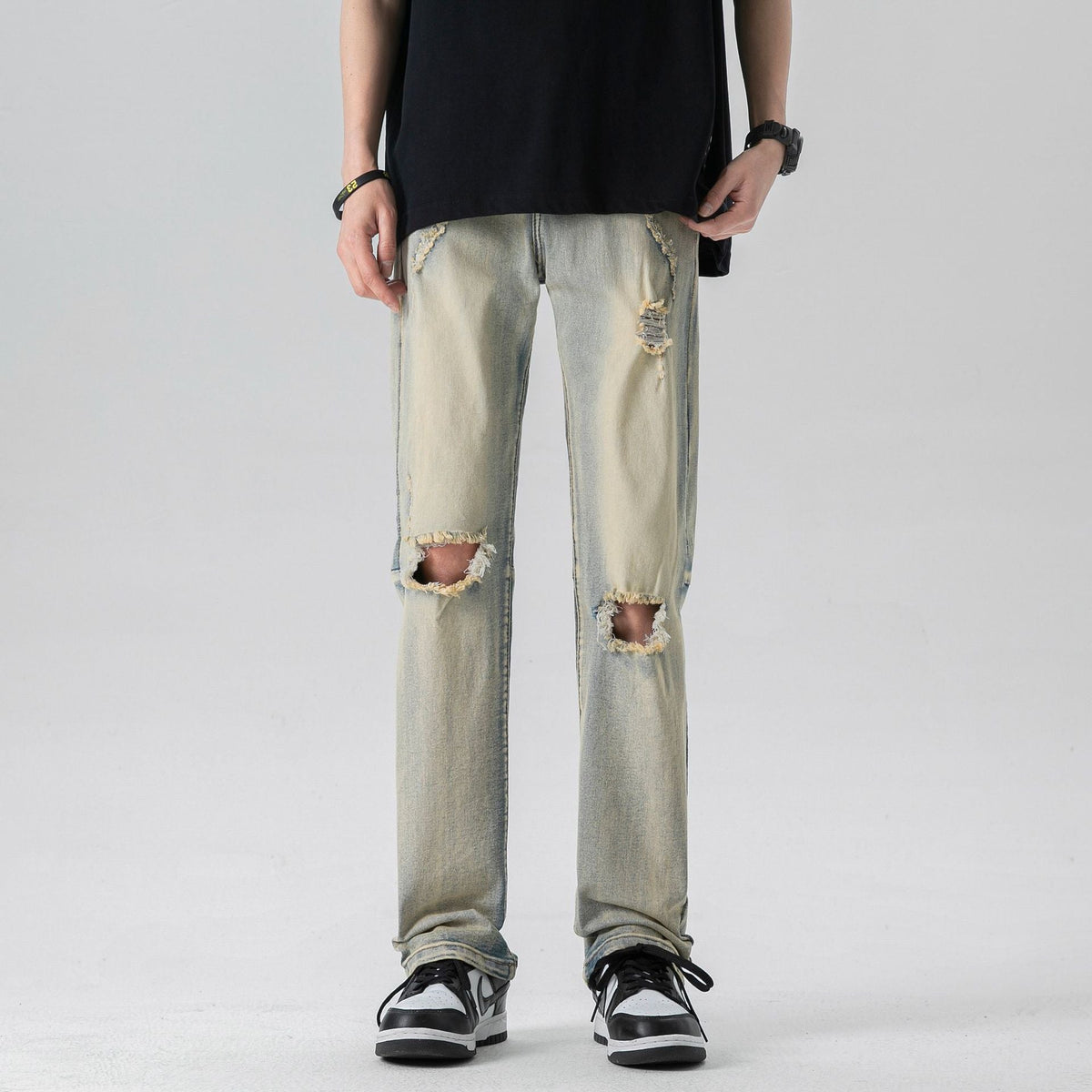 Men's Yellow Mud Washed Distressed Knee Ripped Jeans