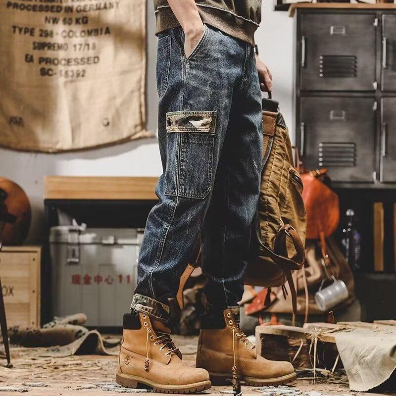 American-style Heavy Distressed Cargo Jeans Men's Loose