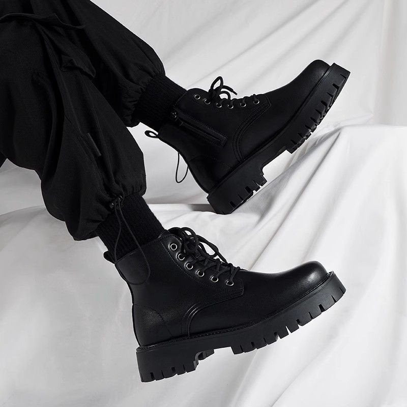 Men's High-top Side Zipper Leather Shoes Black Mid-Top Increased By Worker Boot
