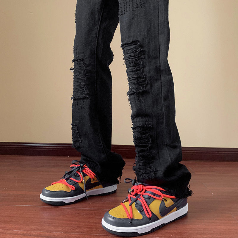 Fake Ripped Jeans Men's Slim Straight Bootcut Trousers
