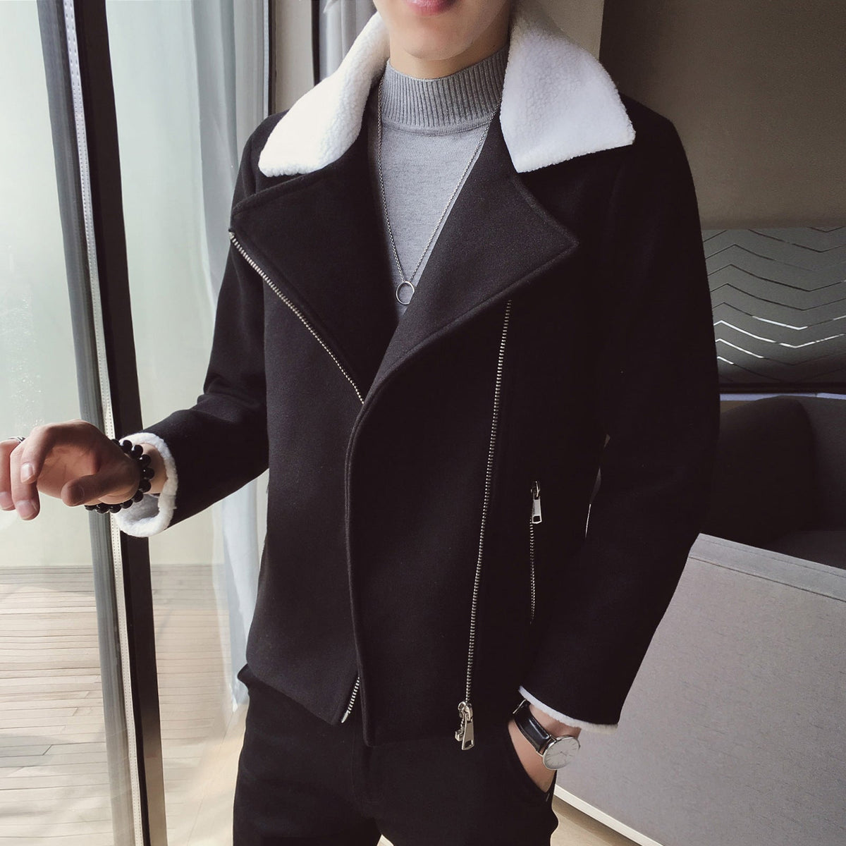 Lambs Wool Short Diagonal Zipper Jacket