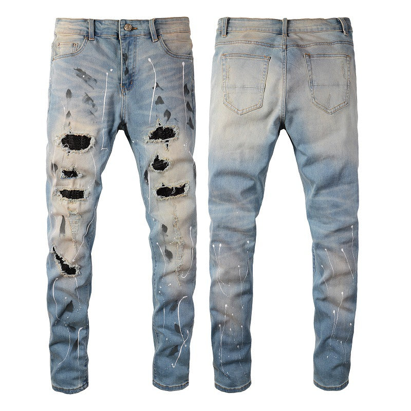 Rhinestone Patch Slim Fit Straight Ripped High Street Jeans