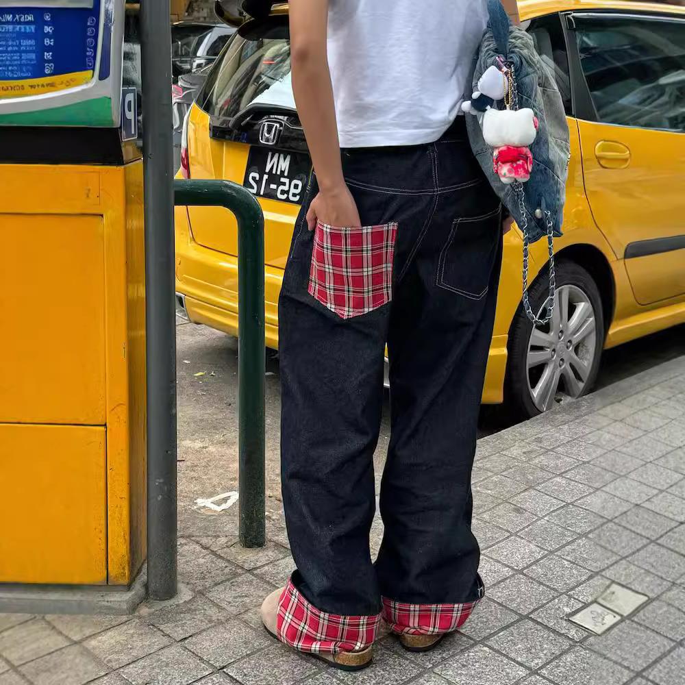 American Plaid Stitching Curling Jeans Men's Autumn