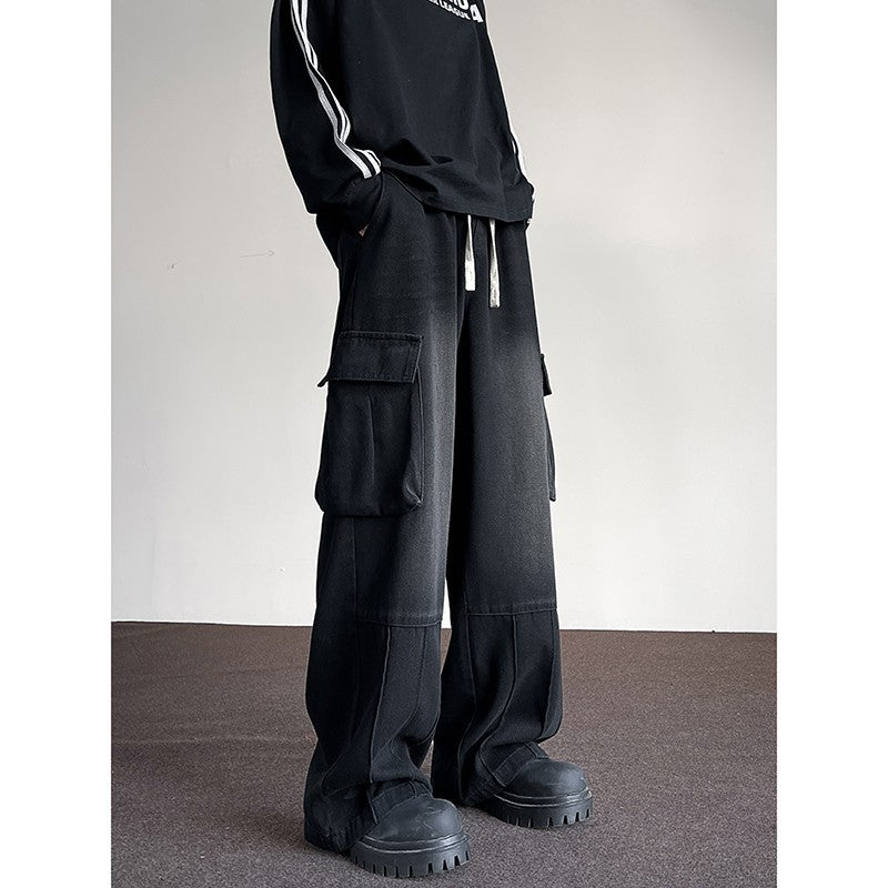 Washed Vintage Denim Men's Versatile Wide-Leg Multi-Pocket Casual Pants