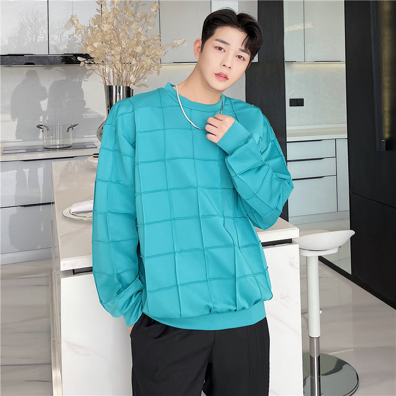 Men's Three-dimensional Crumpled Plaid Round Neck Loose Sweater