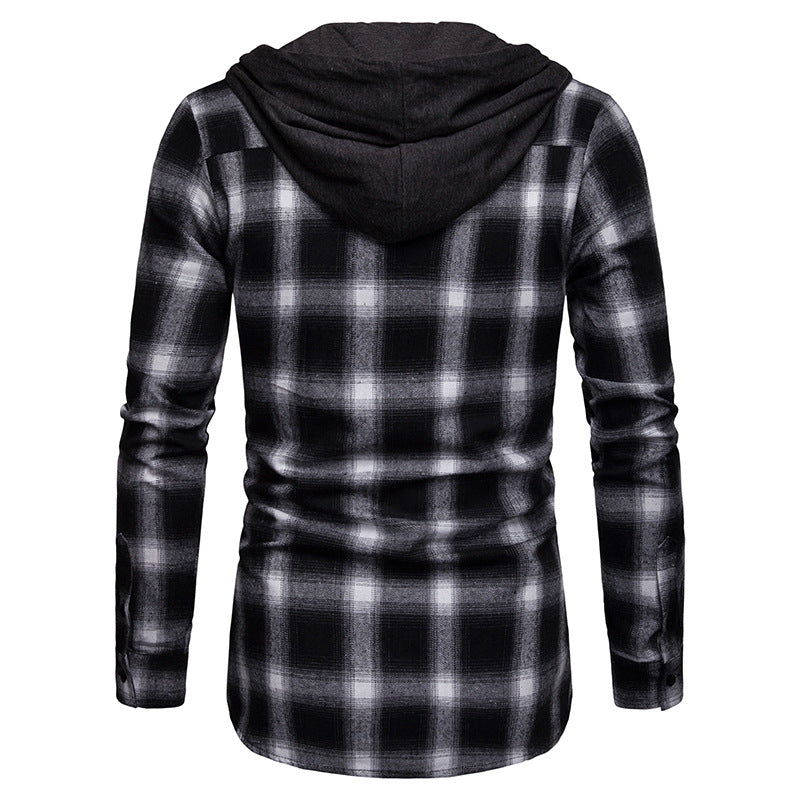 Men's Business Spring And Autumn Plaid Casual Hooded Long-Sleeved Shirt