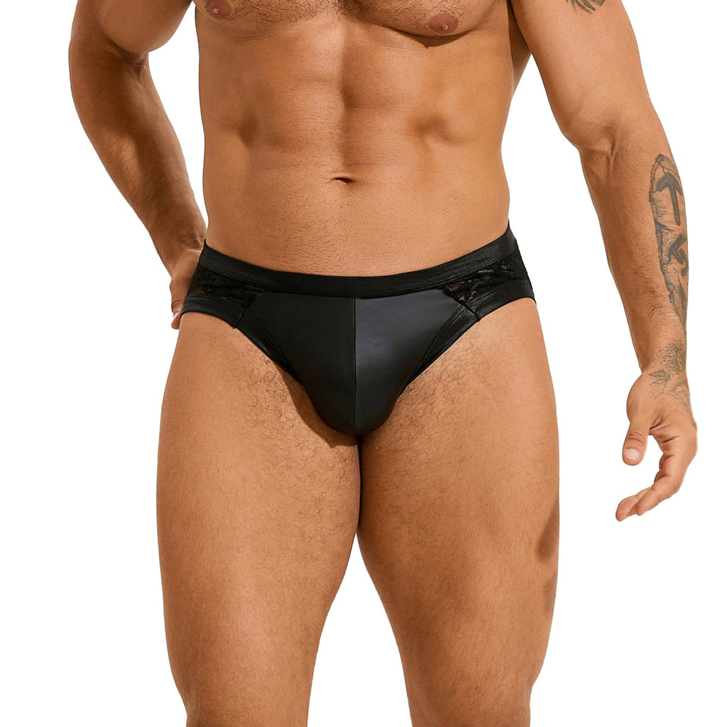 Men's Sexy Faux Leather Stitching Lace Briefs