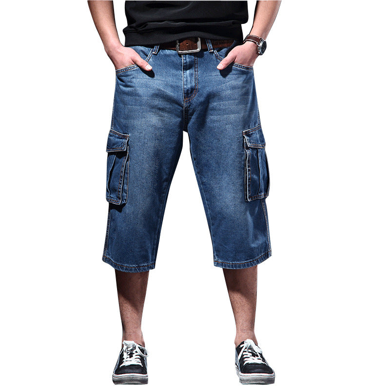 Summer Thin Loose Multi-pocket Workwear Cropped Pants Casual Jeans