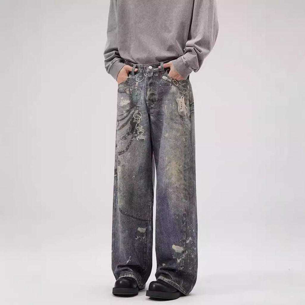 Printed Jeans Men's Loose Straight Personality All-match