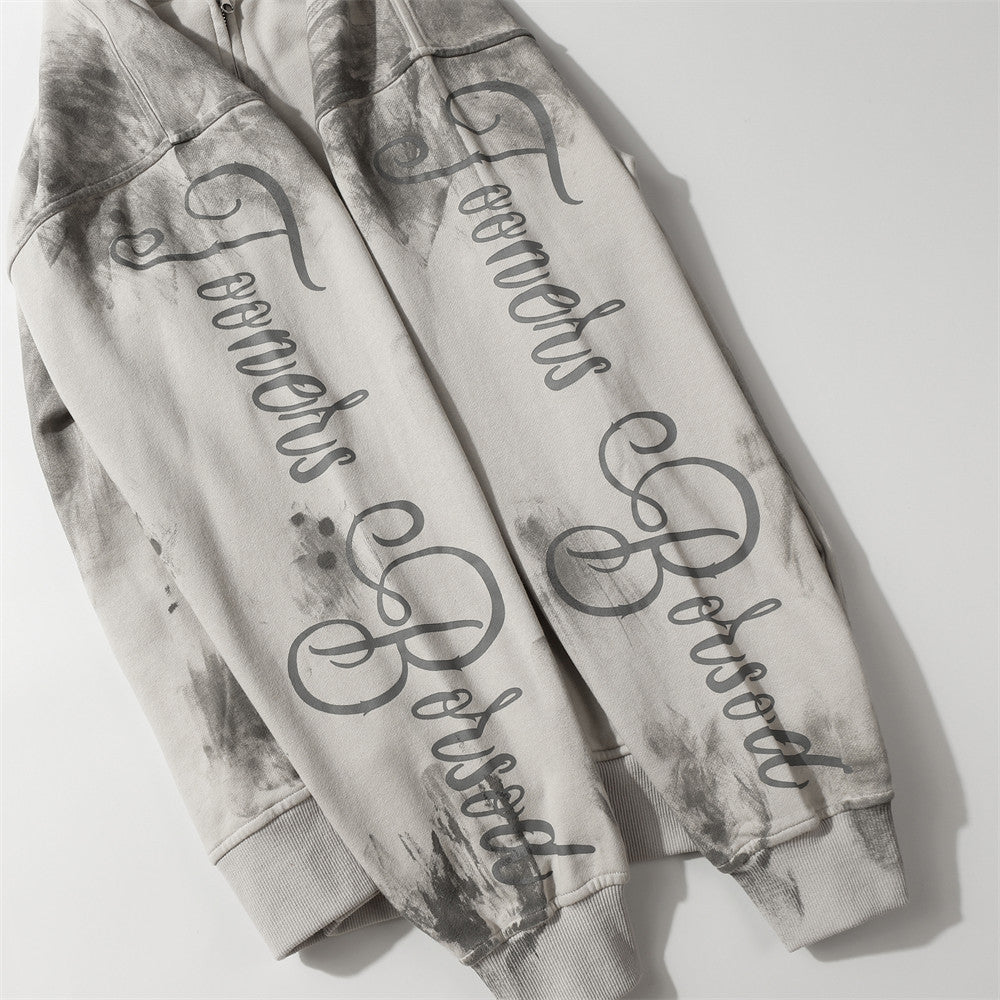 Tie-dye Letter Printing Hooded Cardigan Sweater