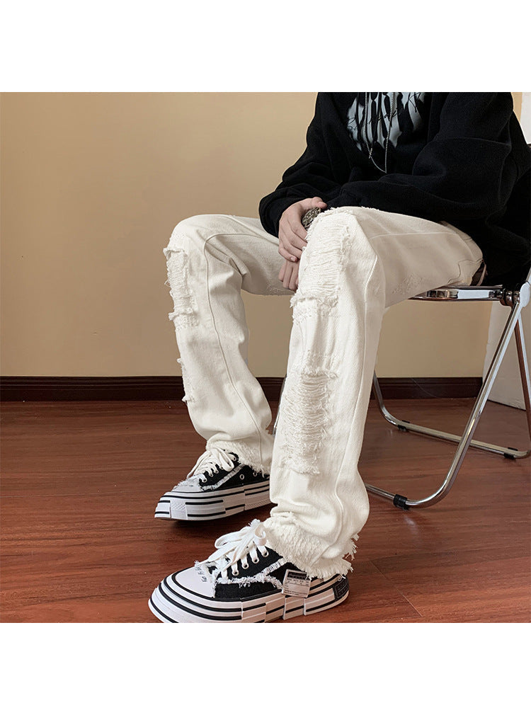 Fake Ripped Jeans Men's Slim Straight Bootcut Trousers