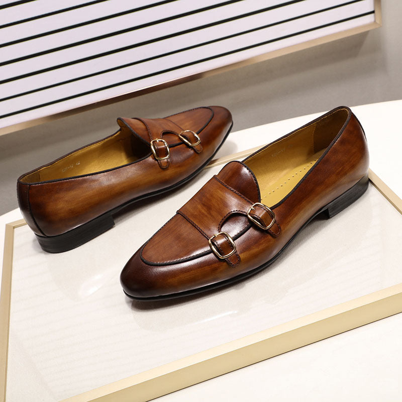 Double Buckle Men's Shoes Top Layer Cowhide Men's Leather Shoes