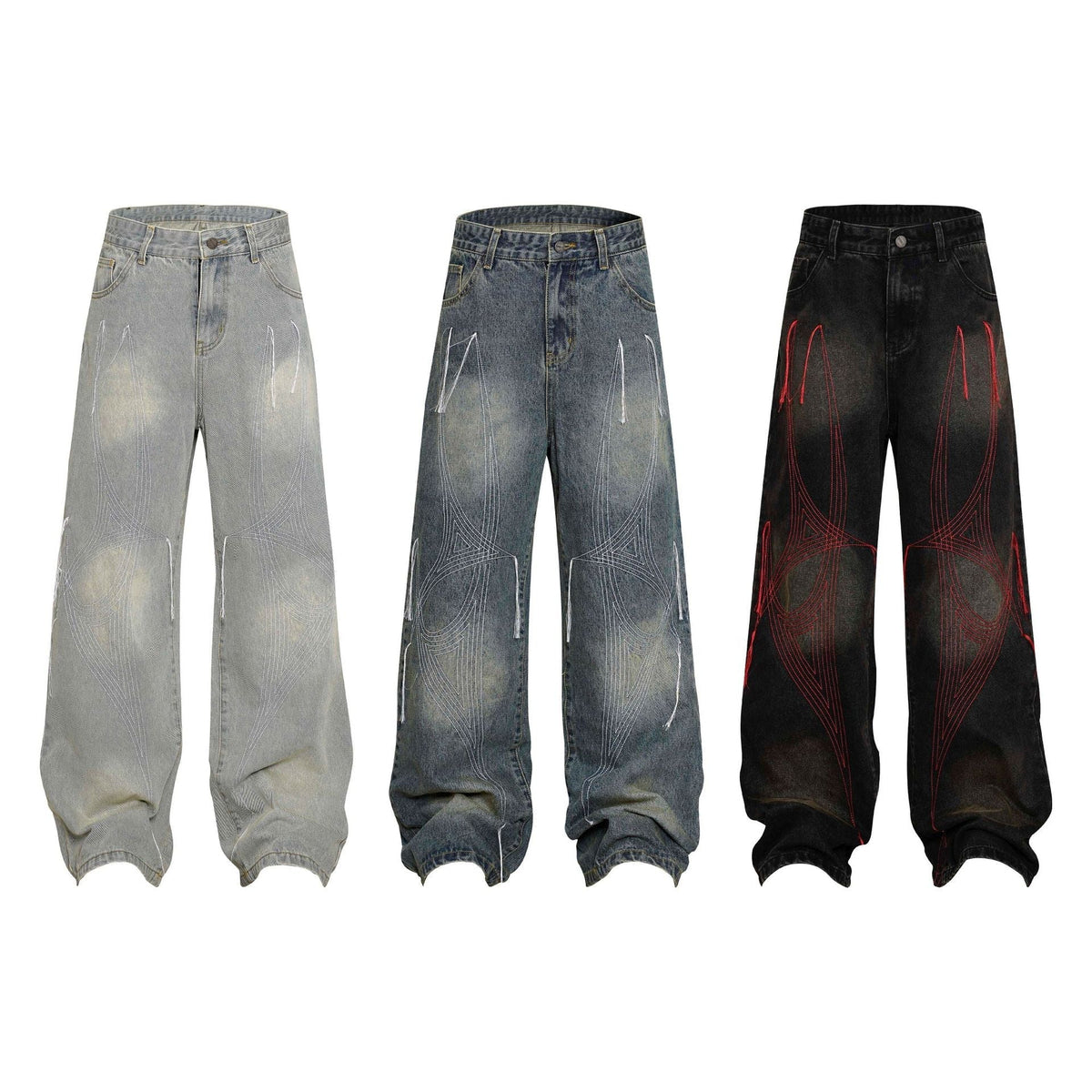 Washed Distressed Embroidery Tassel Jeans Wide-leg Straight Trousers