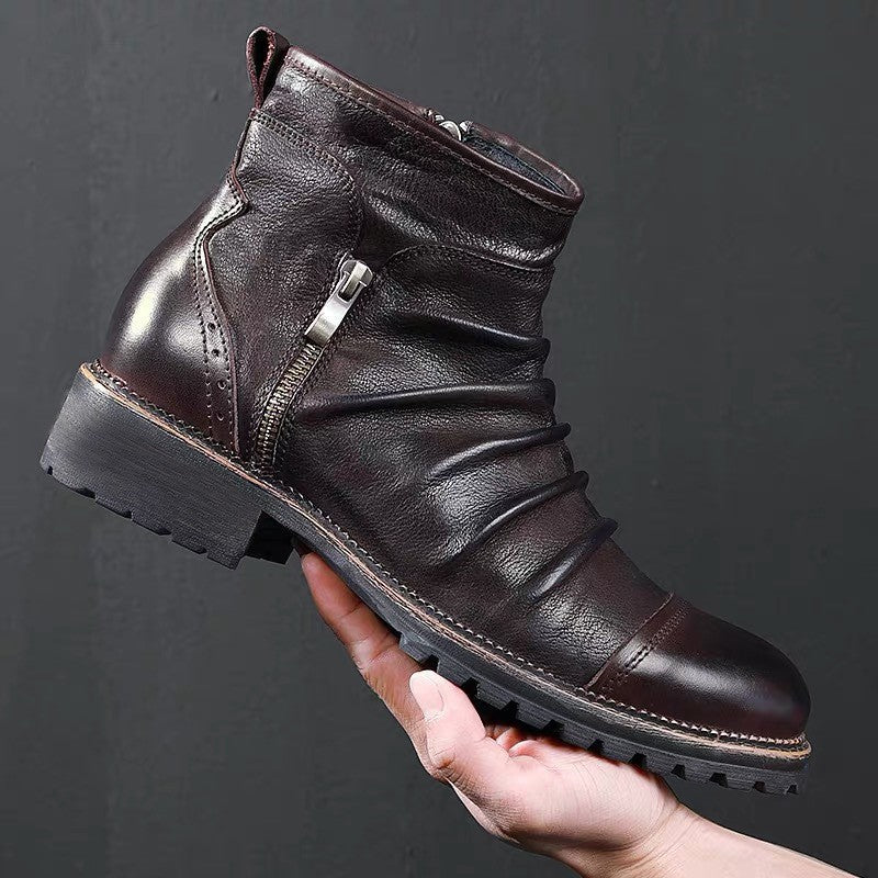 Retro Round Toe PU Leather Side Zipper Martin Chunky Heel Ankle Boots