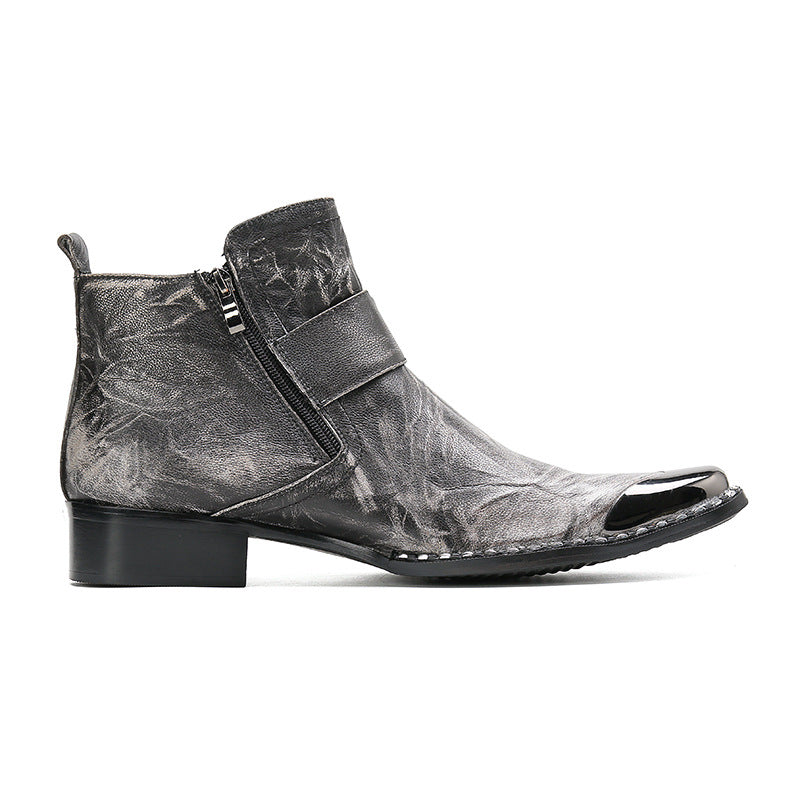 Chunky Heel Cowhide Gray Lace-up Motorcycle Boots Hairstylist Leather Boots
