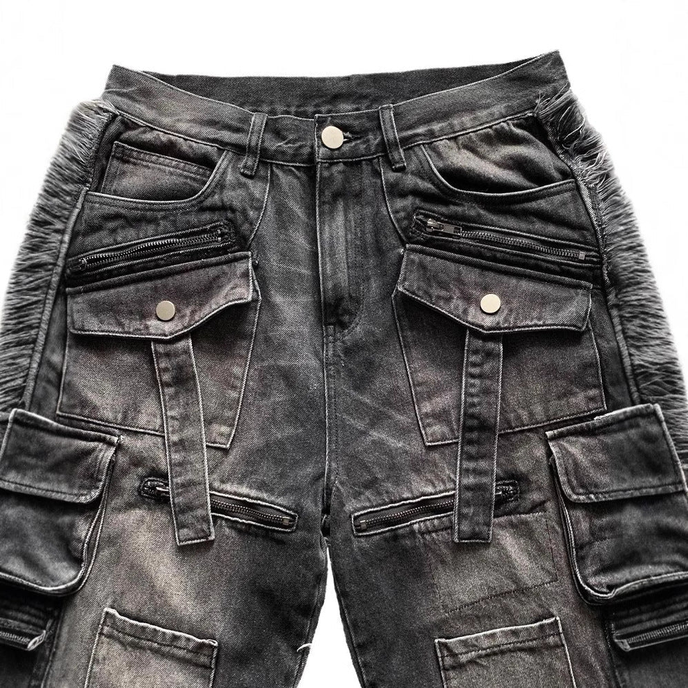 Multi-pocket Black Jeans Loose Drag