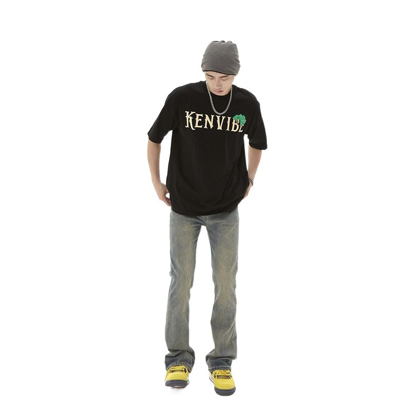 American Retro Yellow Mud Dyed Washed Worn Jeans Men