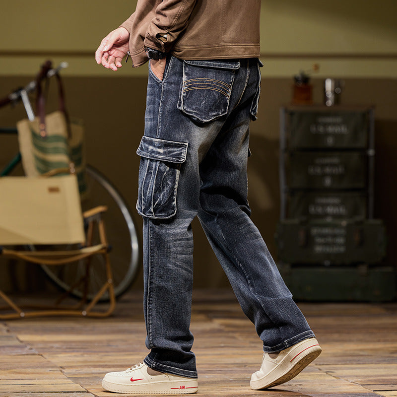 Retro Blue Outdoor Multi-pocket Workwear Jeans