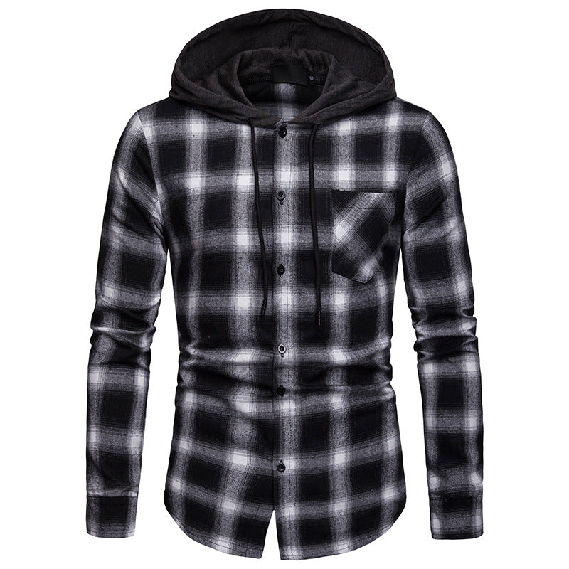 Men's Business Spring And Autumn Plaid Casual Hooded Long-Sleeved Shirt