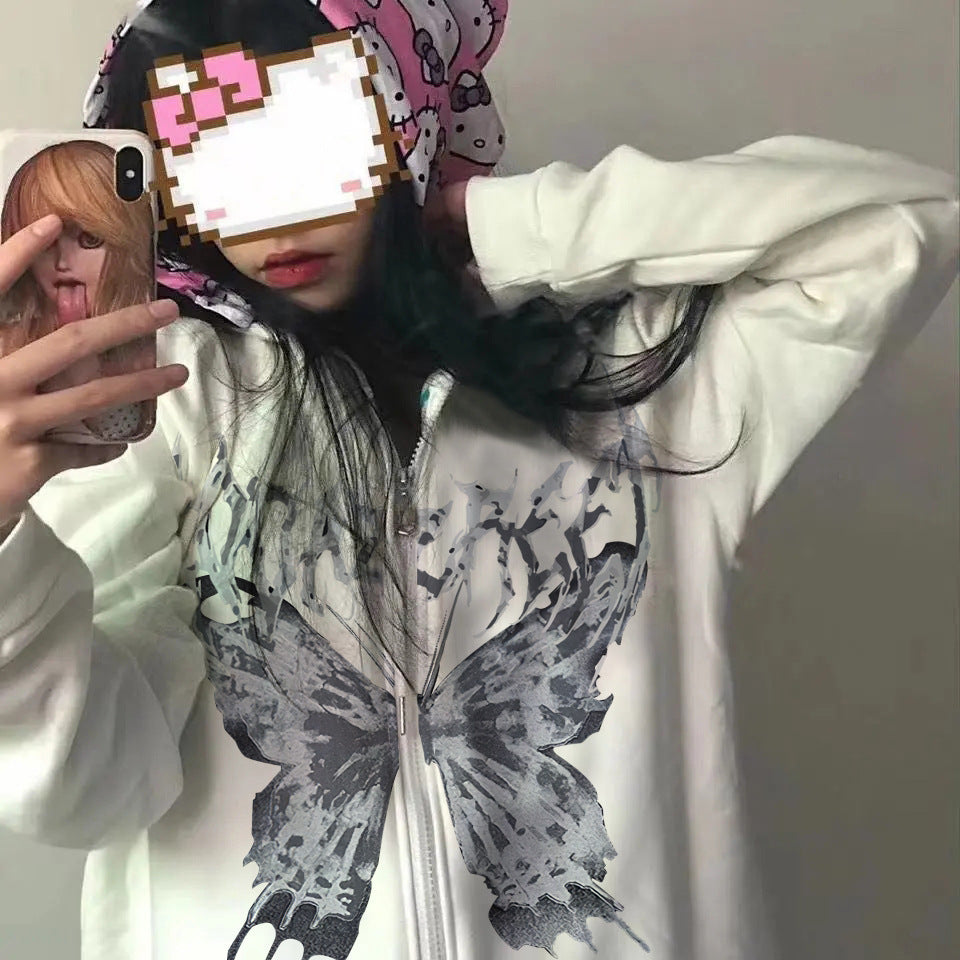Cross-border Hooded Sweater In Stock Zipper Sweater Autumn And Winter European And American Butterfly Sweater Gothic Style Exercise Hooded Coat