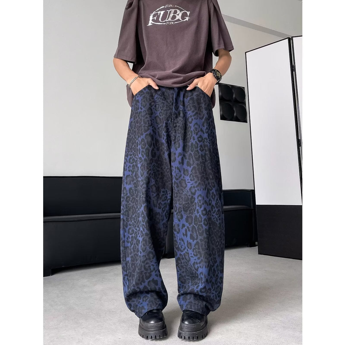 American Retro Leopard Print Wide-leg Pants Loose Straight