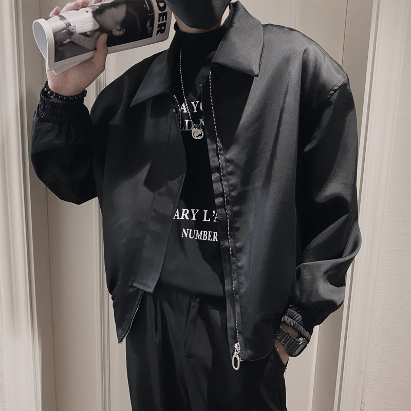 Men Black Spring Top Polyester Zipper Jacket