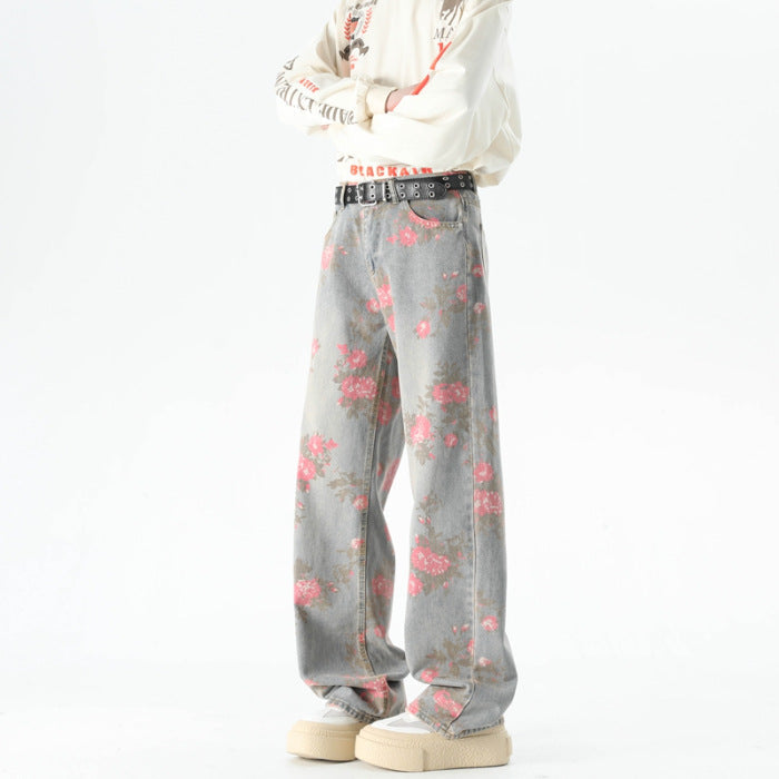 Men's Peony Jacquard Washed Loose Jeans