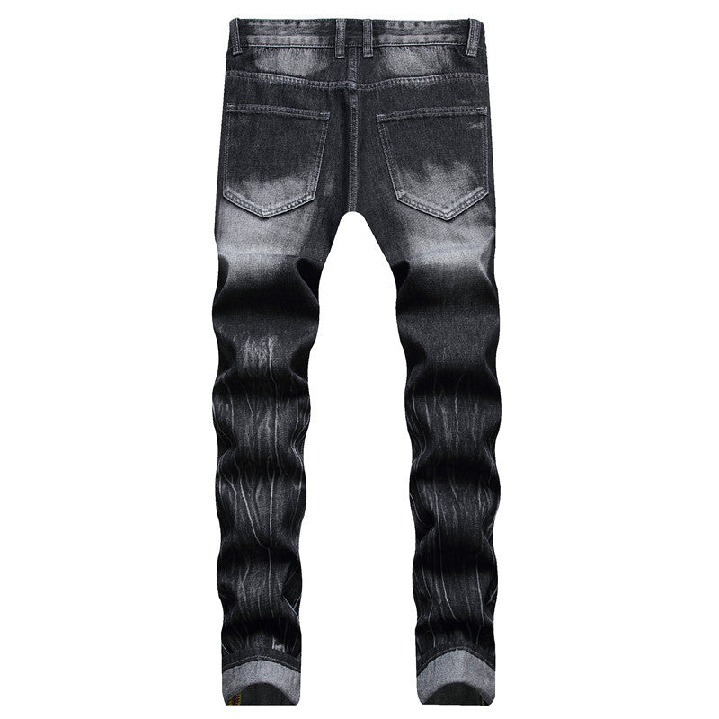 Jeans Men's Street Cool Decorative Flower Ripped Straight Four Seasons