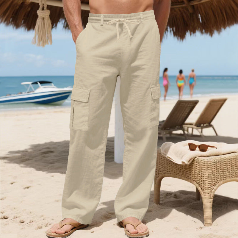 Men's Workwear Linen Drawstring Pants With Multiple Pockets And Straight Leg