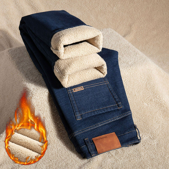 Men's Loose Straight Stretch Fleece-lined Jeans Thickened For Warmth With Lamb Fleece