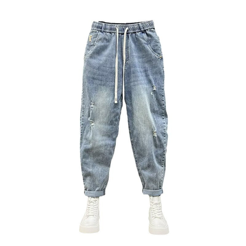 White Jeans Men's Light Blue Retro Casual Cropped