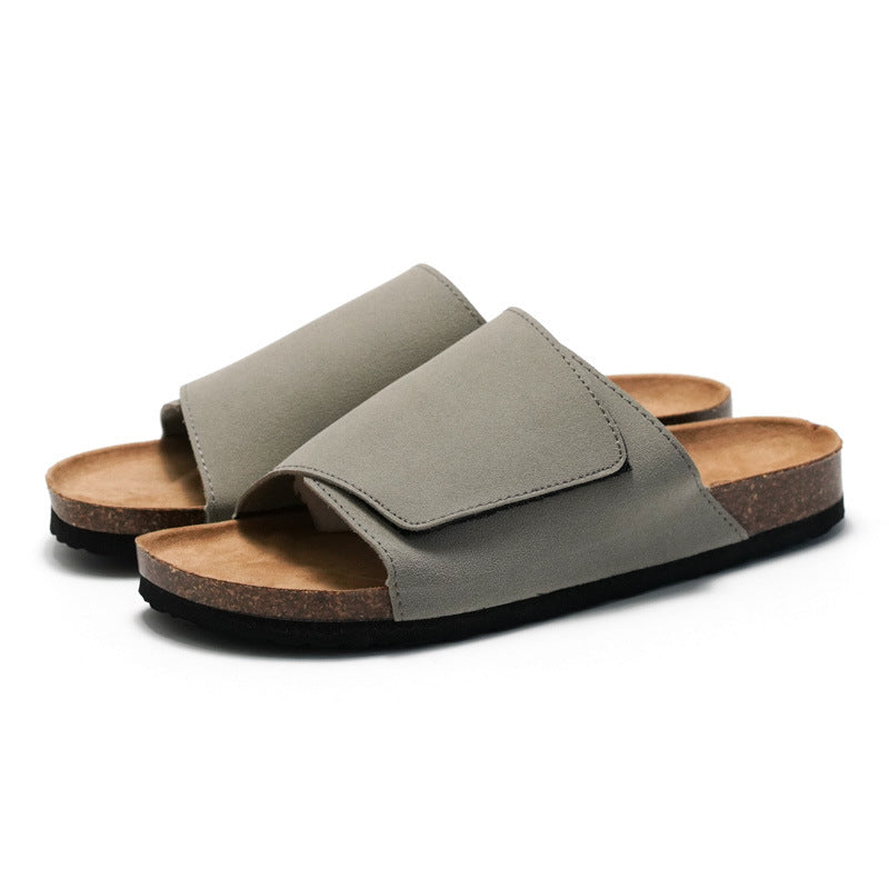 Cork Slippers Male Leather Version Platform Slippers Retro Slip-on Lazy Shoes