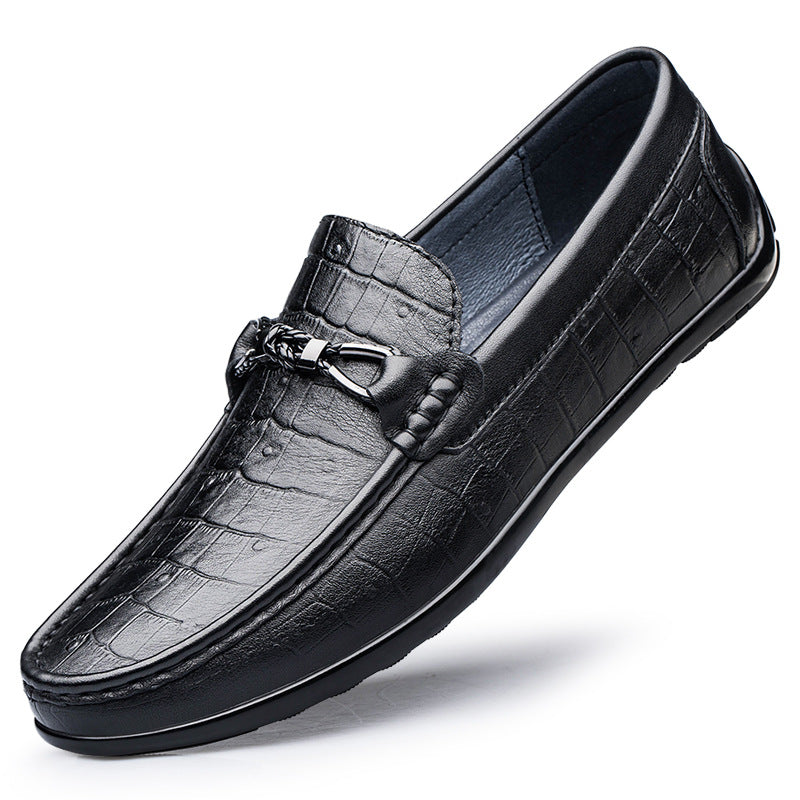 Round Toe Embossed Casual Leather Shoes Flat Heel