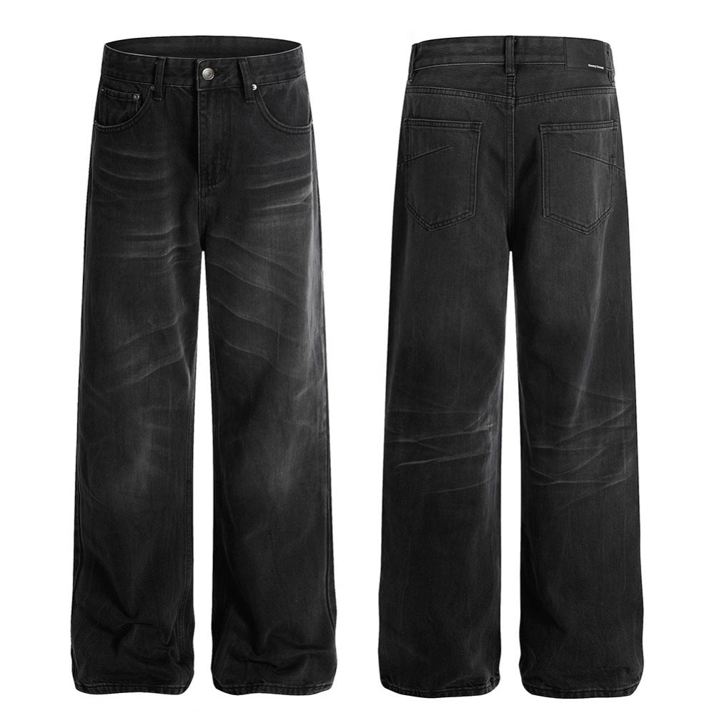 Retro Whisker-washed Distressed Straight-leg Denim Jeans