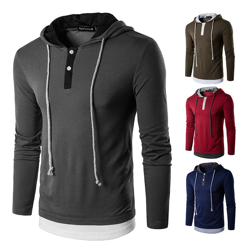 Fake Two-piece Hooded Drawstring Long-sleeved T-shirt