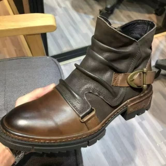 Square Heel High-top Men's Boots Large Size Winter Brown Stitching Solid Color
