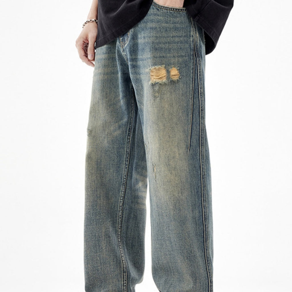 Men's American-style Retro Wide Leg Ripped Jeans