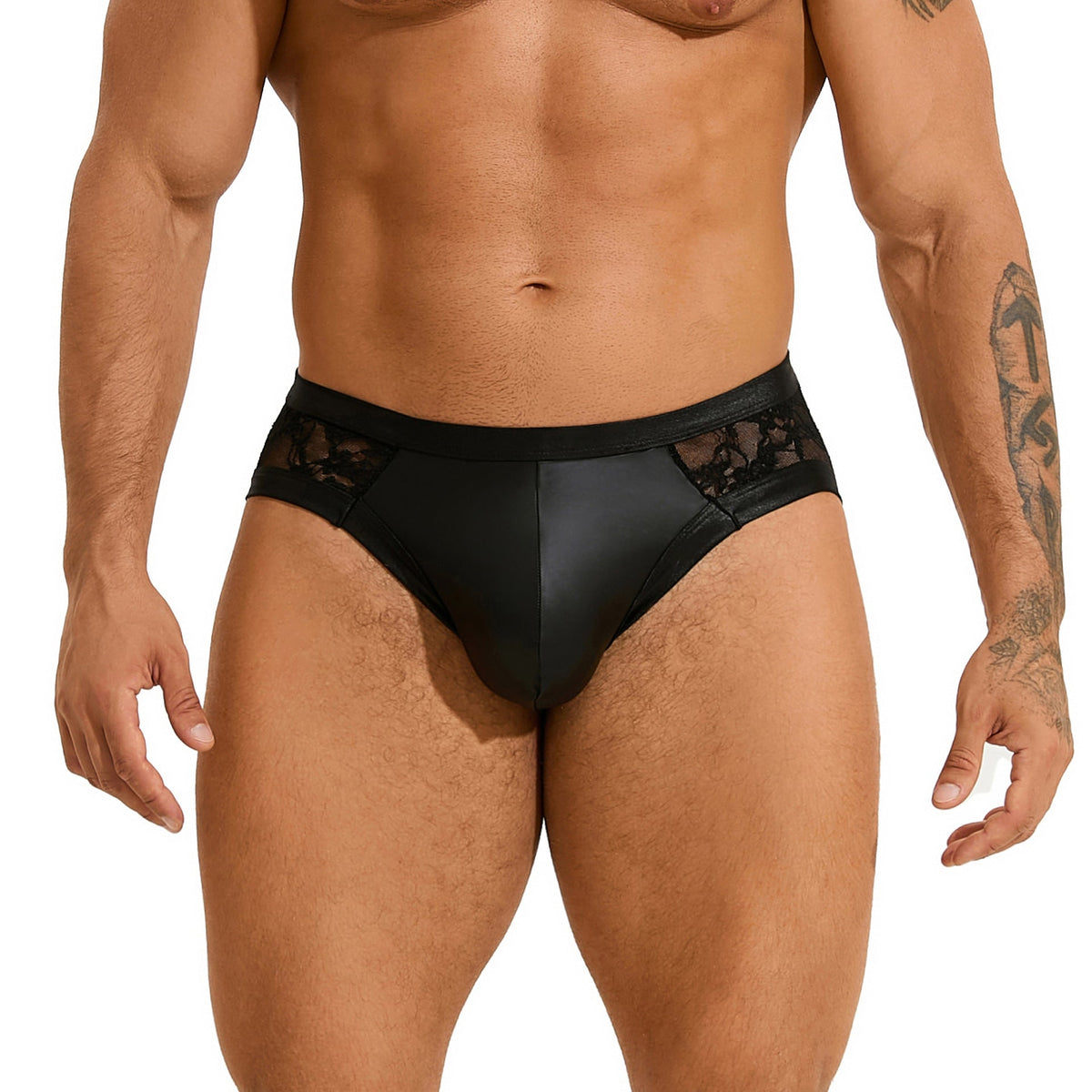 Men's Sexy Faux Leather Stitching Lace Briefs