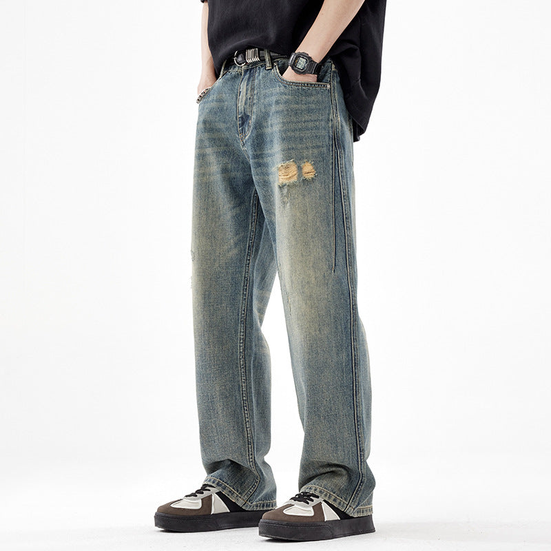 Men's American-style Retro Wide Leg Ripped Jeans