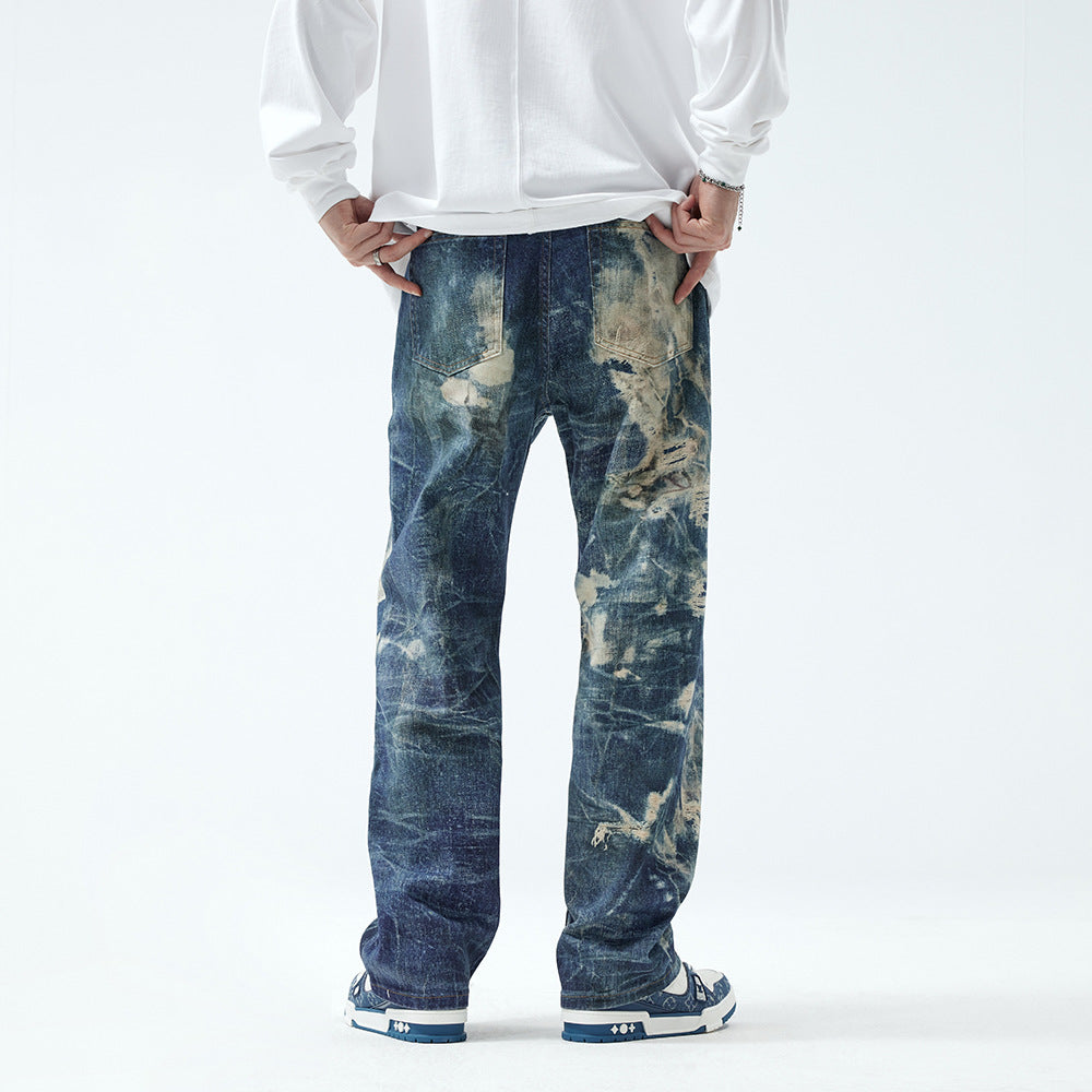 Fake Ripped Jeans Men's Fashion Straight Trousers