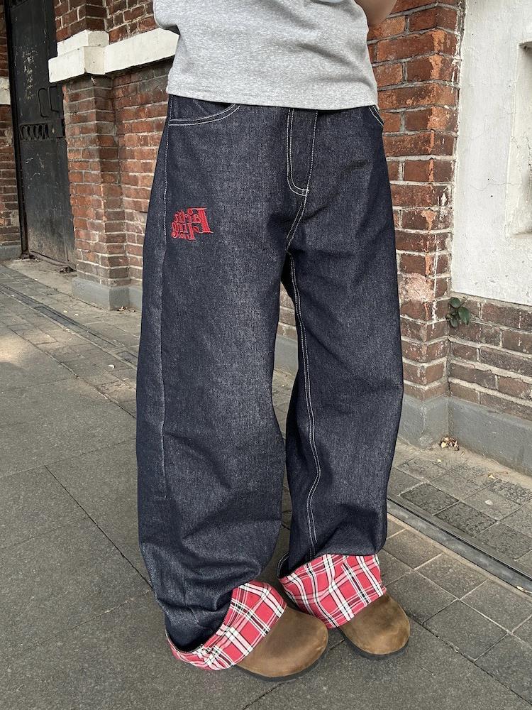 American Plaid Stitching Curling Jeans Men's Autumn