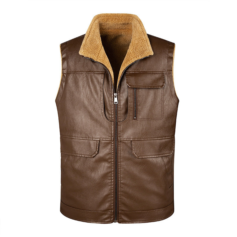 Male Leather Vest Autumn And Winter Fleece-lined Stand Collar Vest