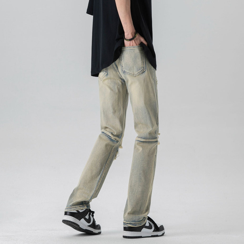 Men's Yellow Mud Washed Distressed Knee Ripped Jeans