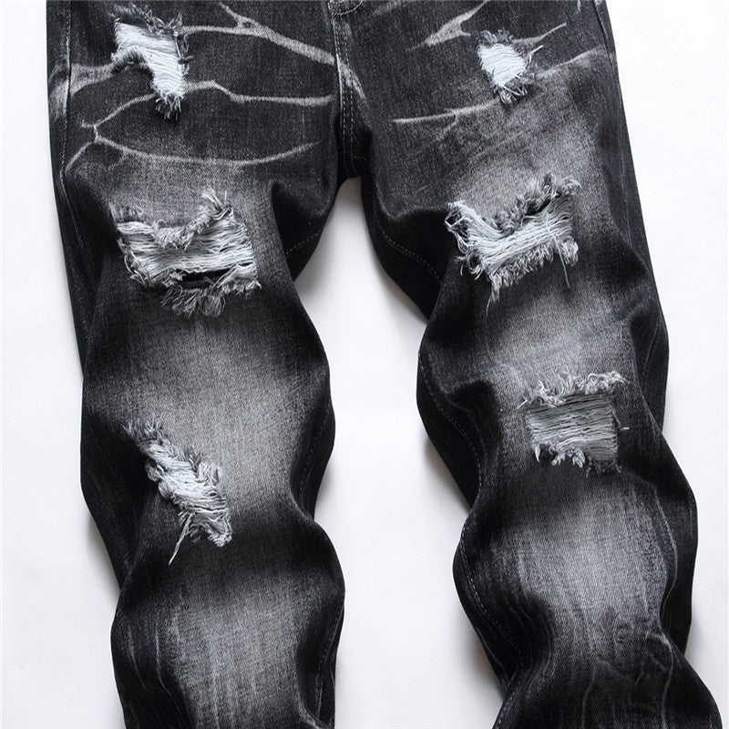 Jeans Men's Street Cool Decorative Flower Ripped Straight Four Seasons