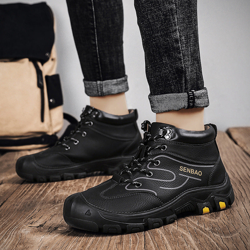 Large Size Men's Leather Boots Plus Velvet Warm Snow Boots