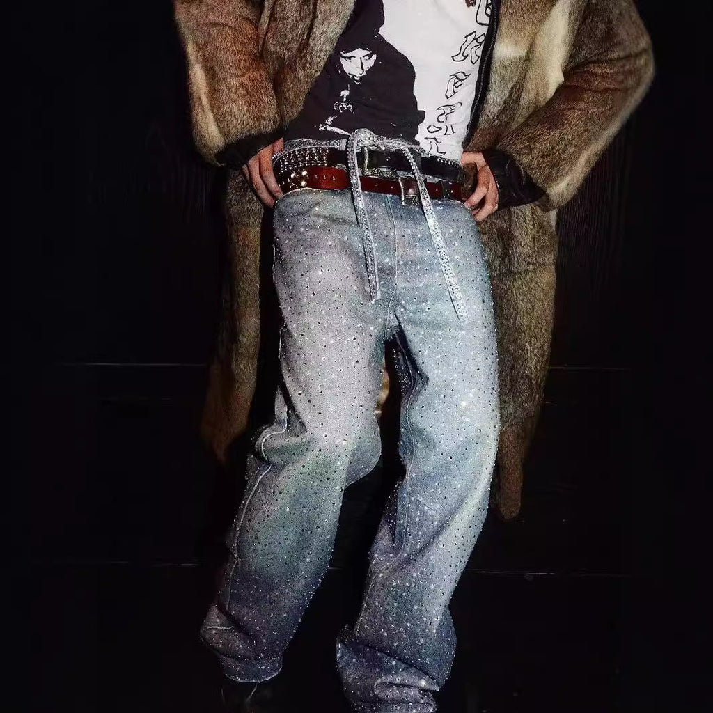 Men's Washed Loose Wide Leg Full Diamond Printed Stacked Jeans