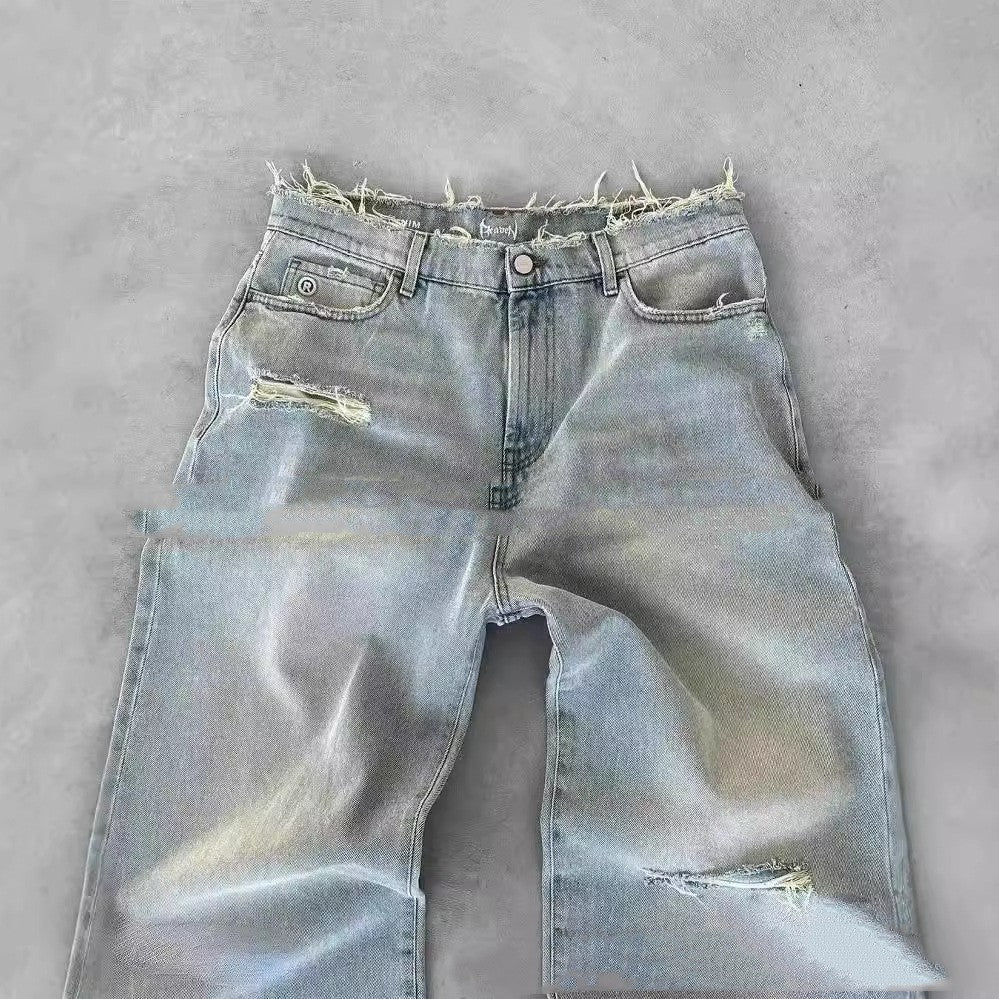 Straight Embroidery Men's Jeans European And American Ripped