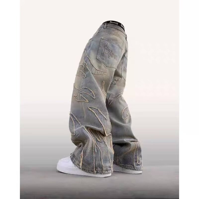 Retro Bat Pattern Lazy Embroidered Loose Jeans